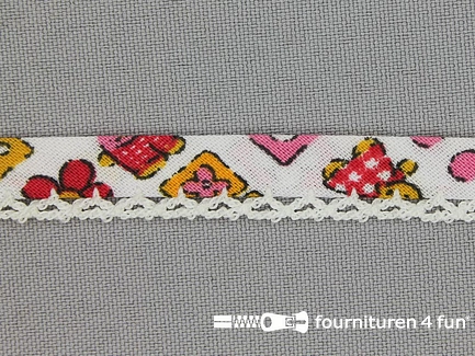 Deco biasband print 12mm bloemen wit rood roze geel