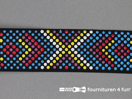 Elastiek met stippen - 40mm - zwarte band met multicolor stippen