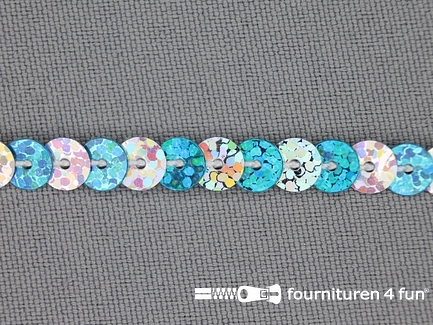 COUPON 26 meter Pailletten band 6mm hologram zilver - aqua blauw