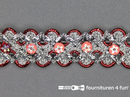 Pailletten band 28mm zilver - rood