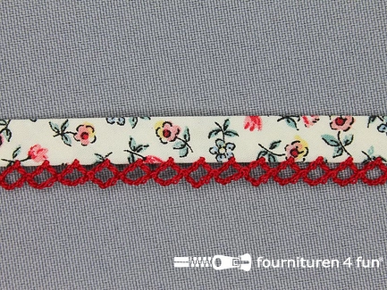 Deco biasband print 12mm bloemen rood ecru