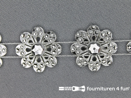 COUPON 4,3 meter (5 stukken,  0,3 + 0,6 + 0,7 + 1,1 + 1,6 meter) Strass band 20mm bloemen zilver