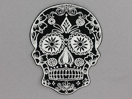 Applicatie 75x95mm Mexican skull zwart/wit