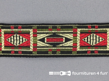 Indianenband 26mm leger groen - rood - zwart - ecru