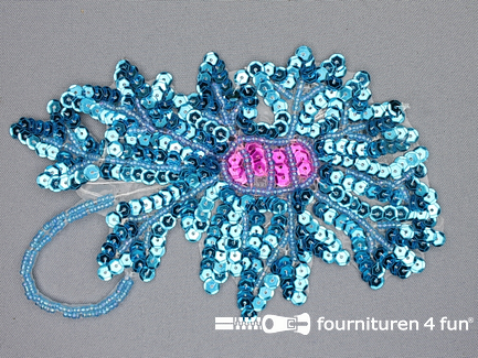 Pailletten applicatie 115x170mm bloem aqua blauw - fuchsia 