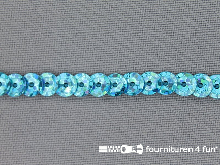 COUPON 10 meter (2 stukken, 5,1 + 4,9 meter) Pailletten band 6mm glitter aqua blauw met hologram