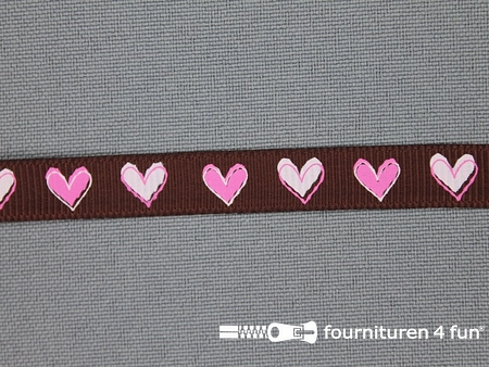 Deco lint 10mm hartjes bruin - roze