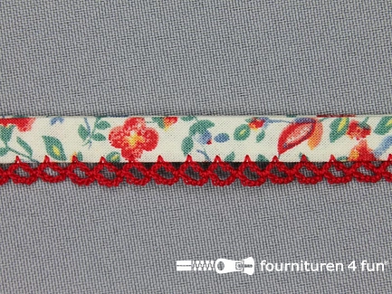 Deco biasband print 12mm bloemen rood ecru