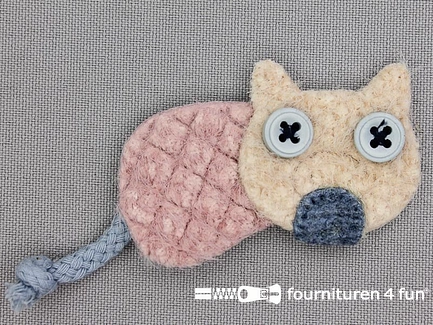 Decoratieve 3D applicatie - 55x35mm - chenille poes roze - blauw