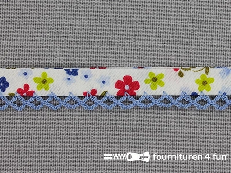 Deco biasband print 12mm bloemen jeans blauw