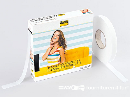 Restant rol 50 meter Vlieseline flexibel naadband T15 - 15mm - wit - zonder verpakking