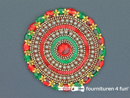 Broche 120mm rood - geel - groen - rode steen