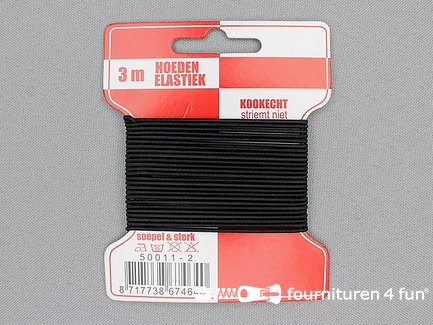10 Kaarten van 3 meter hoeden elastiek - 1,5mm - zwart