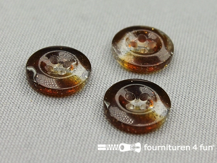 Kunststof design knoop - 15mm - gemêleerd bruin met glitters