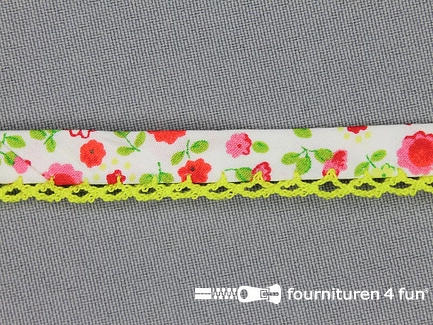 Deco biasband print 12mm bloemen neon groen