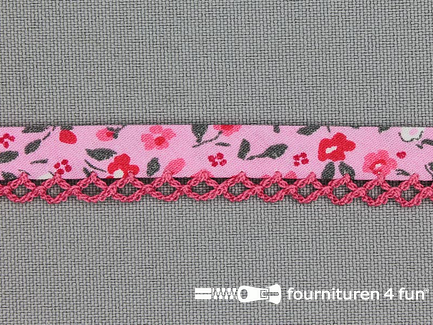 Deco biasband print 12mm bloemen roze