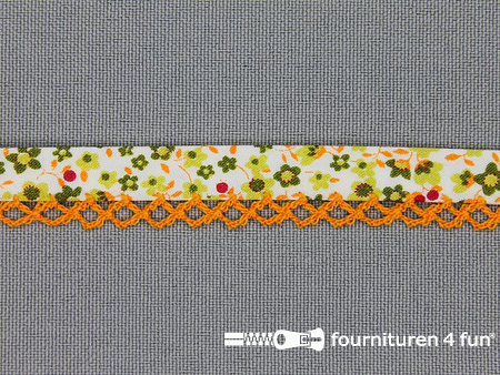Deco biasband print 12mm bloemen oranje