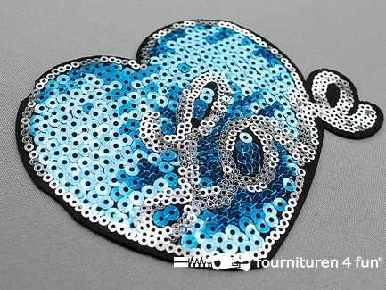 Pailletten applicatie hart "Love" 125x95mm aqua blauw - zilver