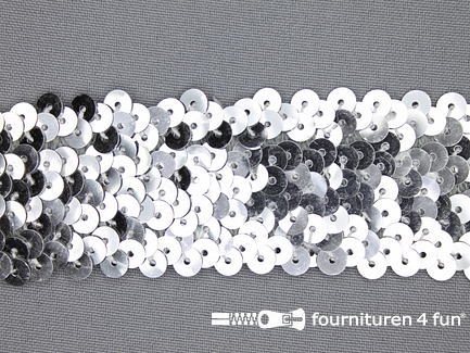 COUPON 6,5 meter (4 stukken, 1,9 + 1 + 2,1 + 1,5 meter) Elastische pailletten band 37mm zilver