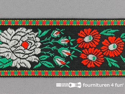 Folklore band 42mm - zwart met bloemen