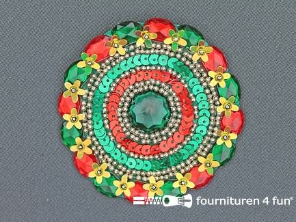 Broche 80-85mm rood - geel - groen - groene steen