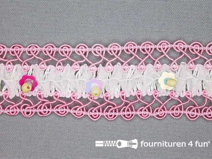 COUPON 3,6 meter Bloemenkant 32mm kraaltjes licht roze