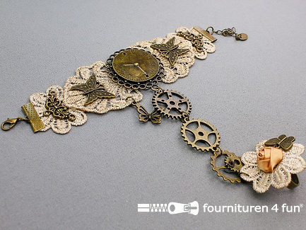Steampunk armband met ring tandwielen brons - beige - oud roze