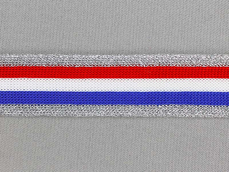 Gestreept band lurex 24mm rood - wit - blauw - zilver