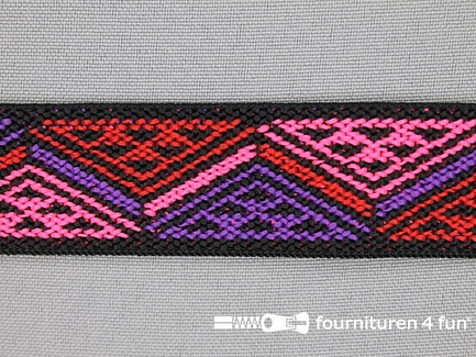 Elastiek multicolor - 25mm - zwart paars rood roze