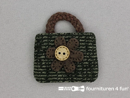 Decoratieve 3D applicatie - 50x55mm - tas met bloem - donker groen - bruin