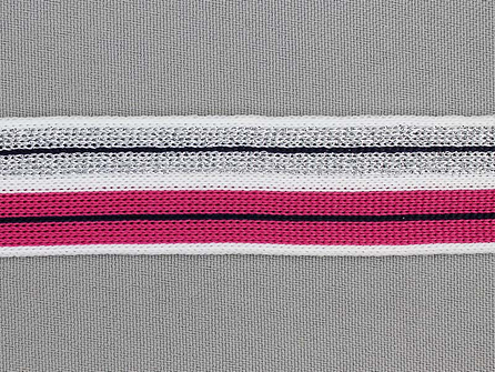 Gestreept band lurex 24mm wit - roze - zilver - zwart