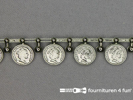 COUPON 3,65 meter (3 stukken, 1,45 + 1,1 + 1,1 meter) Muntenband 15mm zwart zilver