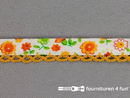 Deco biasband print 12mm bloemen oranje