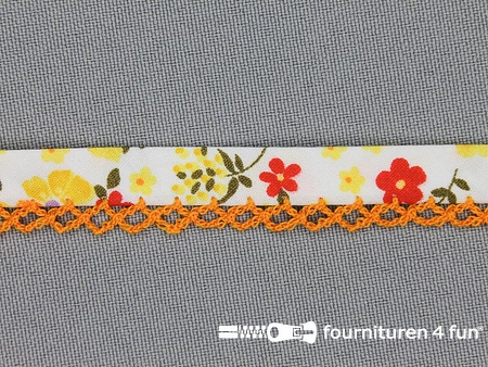 Deco biasband print 12mm bloemen oranje