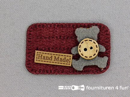 Quilt applicatie 45x28mm "Hand Made" beertje - bordeaux - grijs