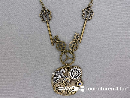 Steampunk ketting sleutels en klok 45mm rond brons