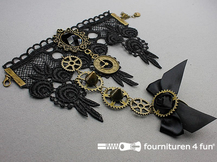 Steampunk armband met ring tandwielen brons - zwart