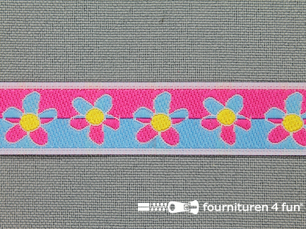 Kinderband 15mm bloemetjes licht blauw - roze