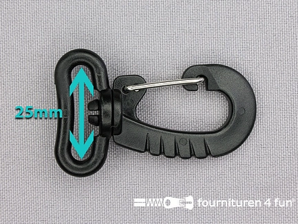 Kunststof musketon - metalen clip - 25mm zwart