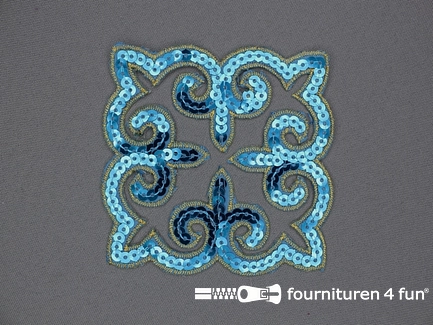 Pailletten applicatie 90x90mm vierkant aqua blauw - goud