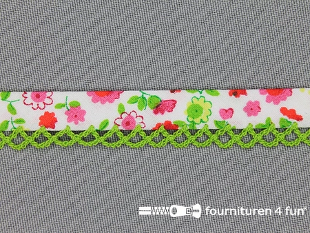 Deco biasband print 12mm bloemen lime groen
