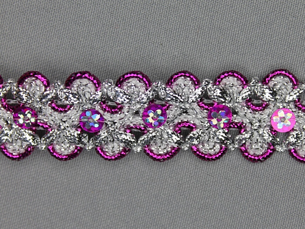 Pailletten band 28mm zilver - fuchsia roze