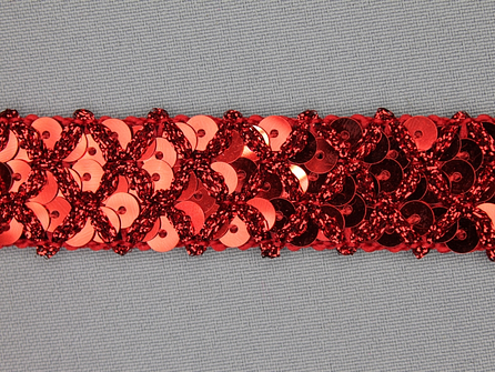 Pailletten band 20mm rood met ruitjes draad
