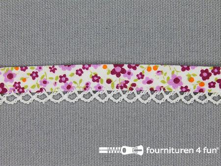 Deco biasband print 12mm bloemen wit