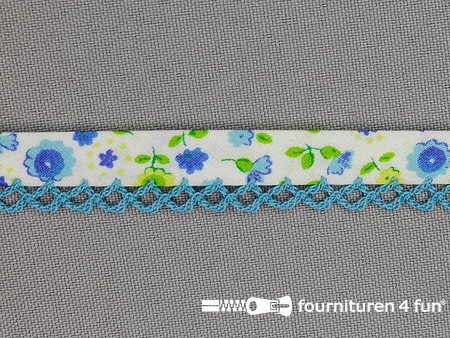 Deco biasband print 12mm bloemen aqua blauw