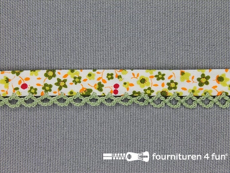 Deco biasband print 12mm bloemen pistache groen